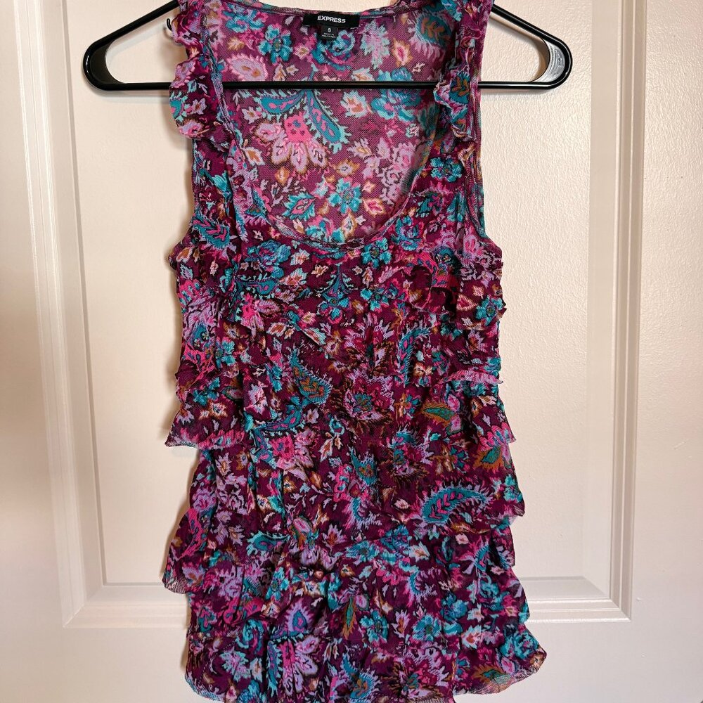 Express Women's Floral Print Tiered Ruffle Sleeveless Top